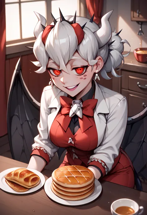 Beelzebub in her gothic ta costume, sitting at a red-tiled kitchen table covered in stacks of pancakes, warm morning light shining through a broken infernal window, black spider wings gently folded behind her, a smug smile on her face, semi-realistic paint...