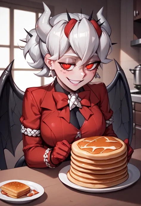 Beelzebub in her gothic ta costume, sitting at a red-tiled kitchen table covered in stacks of pancakes, warm morning light shining through a broken infernal window, black spider wings gently folded behind her, a smug smile on her face, semi-realistic paint...