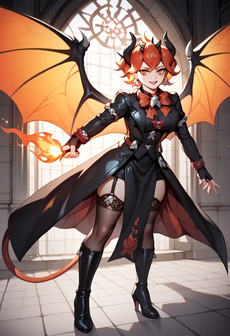 Beelzebub hovering over a glowing puzzle tile floor, walls lined with demonic runes and spikes, dramatic shadows from flaming braziers, her black dress and web-like wings illuminated in orange hellfire glow, intense cinematic composition, semi-realistic de...