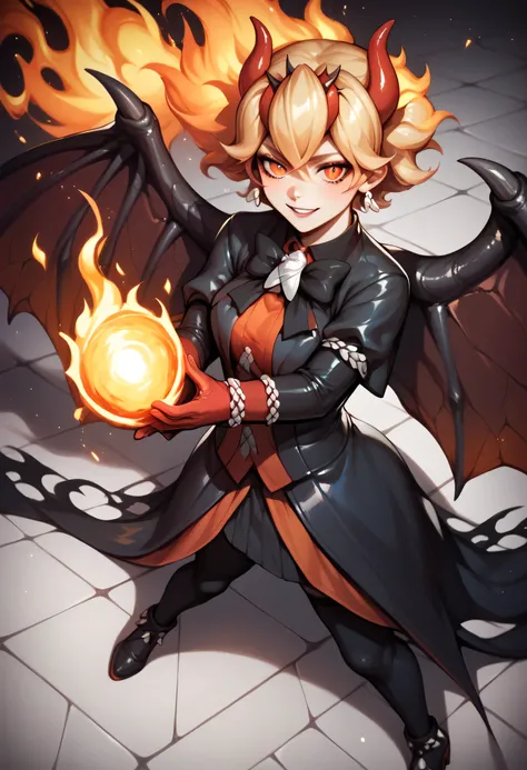 Beelzebub hovering over a glowing puzzle tile floor, walls lined with demonic runes and spikes, dramatic shadows from flaming braziers, her black dress and web-like wings illuminated in orange hellfire glow, intense cinematic composition, semi-realistic de...