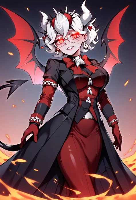 3/4 body medium close-up of Beelzebub from Helltaker, wearing her gothic ta spider queen costume, red glowing eyes, long white hair with curled tips, black dress with red accents, standing beside a demonic velvet throne, soft red ambient lighting from lava...