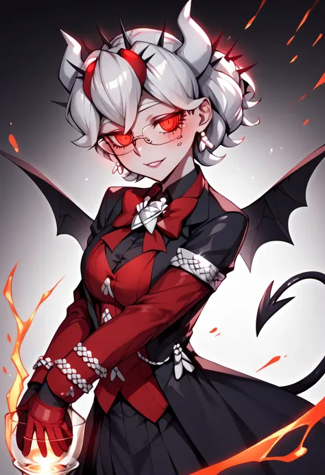 3/4 body medium close-up of Beelzebub from Helltaker, wearing her gothic ta spider queen costume, red glowing eyes, long white hair with curled tips, black dress with red accents, standing beside a demonic velvet throne, soft red ambient lighting from lava...