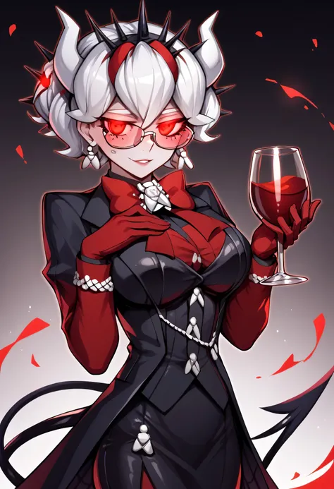 3/4 body medium close-up of Beelzebub from Helltaker, wearing her gothic ta spider queen costume, red glowing eyes, long white hair with curled tips, black dress with red accents, standing beside a demonic velvet throne, soft red ambient lighting from lava...