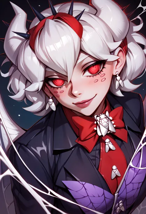 3/4 body medium close-up of Beelzebub from Helltaker in her gothic outfit, caught mid-dance under glowing red and purple hellish nightclub lights, spiderweb wings reflecting strobes, red pupils sparkling, surrounded by demonic silhouettes and mist, her bla...