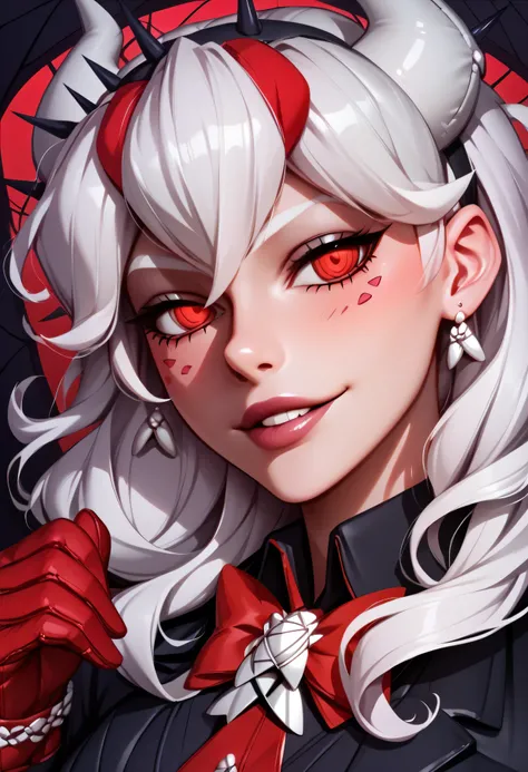 3/4 body medium close-up of Beelzebub from Helltaker in her gothic outfit, caught mid-dance under glowing red and purple hellish nightclub lights, spiderweb wings reflecting strobes, red pupils sparkling, surrounded by demonic silhouettes and mist, her bla...