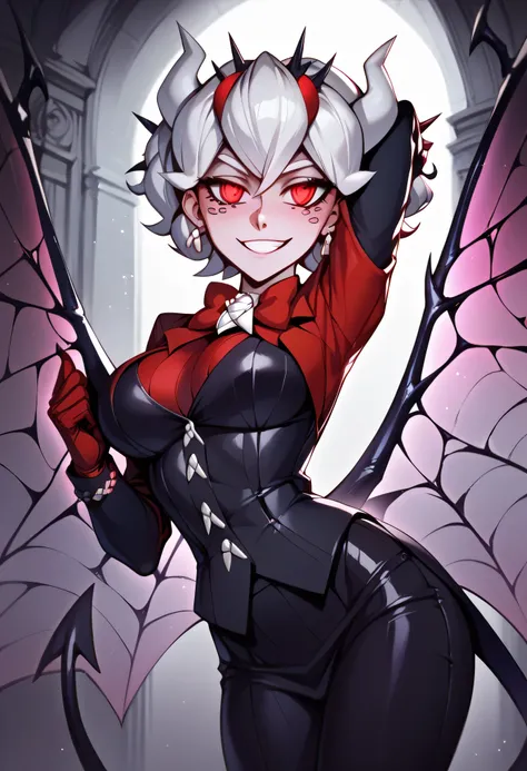 3/4 body medium close-up of Beelzebub from Helltaker in her gothic outfit, caught mid-dance under glowing red and purple hellish nightclub lights, spiderweb wings reflecting strobes, red pupils sparkling, surrounded by demonic silhouettes and mist, her bla...