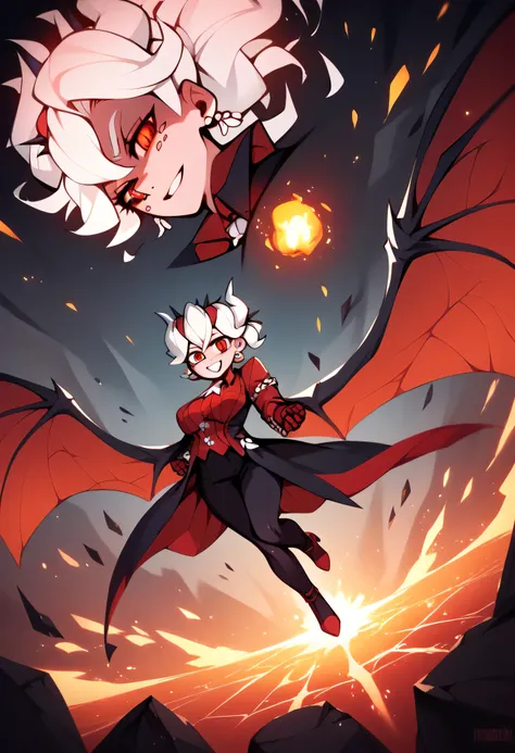 3/4 body medium close-up of Beelzebub from Helltaker floating above molten lava, background of cracked stone pillars and glowing runes, intense heat shimmering in the air, red-orange lighting reflecting off her white hair and dark gothic dress, spider wing...