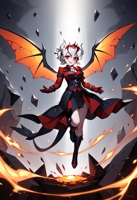 3/4 body medium close-up of Beelzebub from Helltaker floating above molten lava, background of cracked stone pillars and glowing runes, intense heat shimmering in the air, red-orange lighting reflecting off her white hair and dark gothic dress, spider wing...