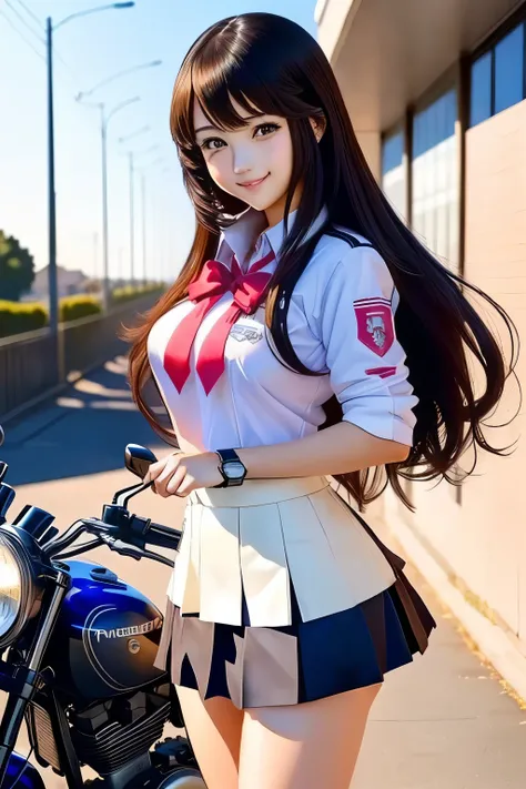 High school girl in school uniform posing on motorbike, Watch the anime girl cosplay, mini skirt、white panties、Beautiful Anime High School Girls, attractive Watch the anime girl, a Surreal School Girls, Watch the anime girl in real life, seductive Watch th...