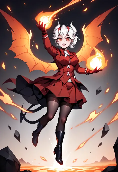 3/4 body medium close-up of Beelzebub from Helltaker floating above molten lava, background of cracked stone pillars and glowing runes, intense heat shimmering in the air, red-orange lighting reflecting off her white hair and dark gothic dress, spider wing...