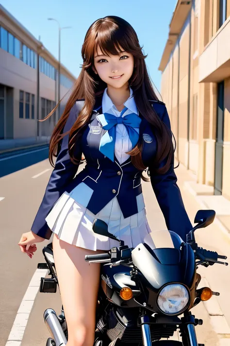 High school girl in school uniform posing on motorbike, Watch the anime girl cosplay, mini skirt、white panties、Beautiful Anime High School Girls, attractive Watch the anime girl, a Surreal School Girls, Watch the anime girl in real life, seductive Watch th...