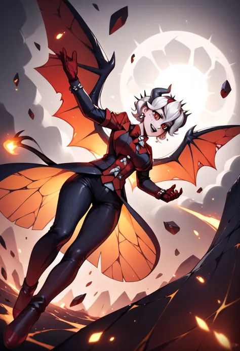 3/4 body medium close-up of Beelzebub from Helltaker floating above molten lava, background of cracked stone pillars and glowing runes, intense heat shimmering in the air, red-orange lighting reflecting off her white hair and dark gothic dress, spider wing...