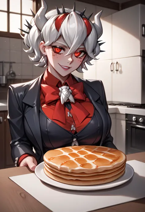 3/4 body medium close-up of Beelzebub from Helltaker, wearing her gothic spiderweb dress and red-eyed smirk, standing beside a hellish kitchen table stacked with pancakes, warm infernal morning light coming from broken windows, shadows from iron kitchen to...