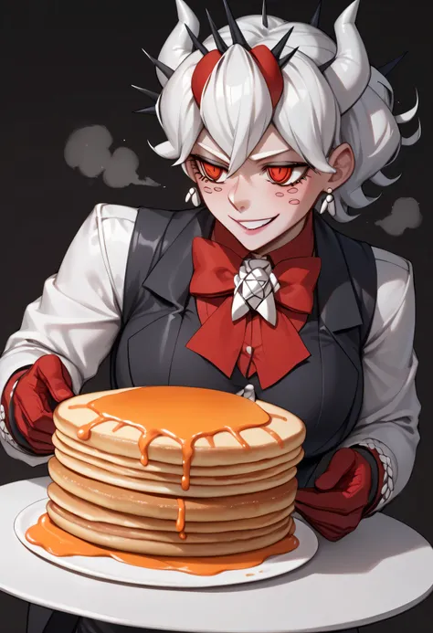 3/4 body medium close-up of Beelzebub from Helltaker, wearing her gothic spiderweb dress and red-eyed smirk, standing beside a hellish kitchen table stacked with pancakes, warm infernal morning light coming from broken windows, shadows from iron kitchen to...