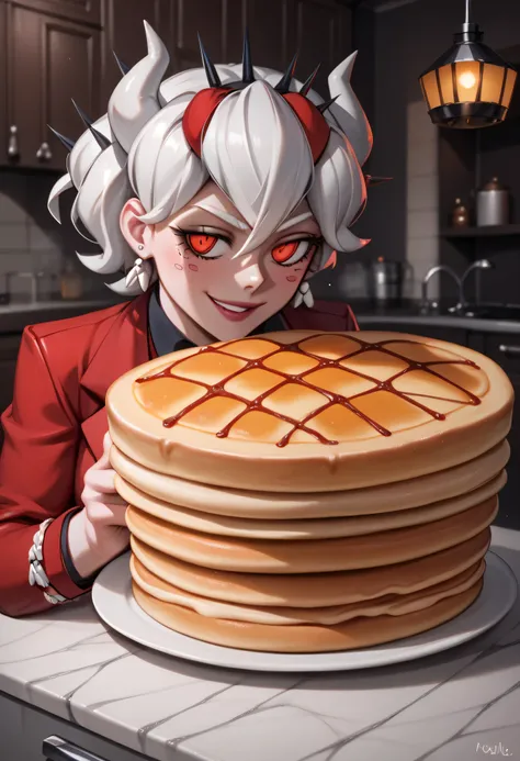 3/4 body medium close-up of Beelzebub from Helltaker, wearing her gothic spiderweb dress and red-eyed smirk, standing beside a hellish kitchen table stacked with pancakes, warm infernal morning light coming from broken windows, shadows from iron kitchen to...