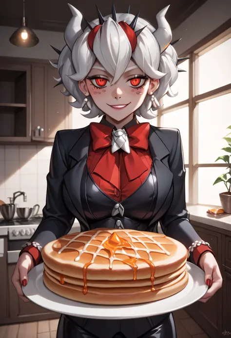 3/4 body medium close-up of Beelzebub from Helltaker, wearing her gothic spiderweb dress and red-eyed smirk, standing beside a hellish kitchen table stacked with pancakes, warm infernal morning light coming from broken windows, shadows from iron kitchen to...