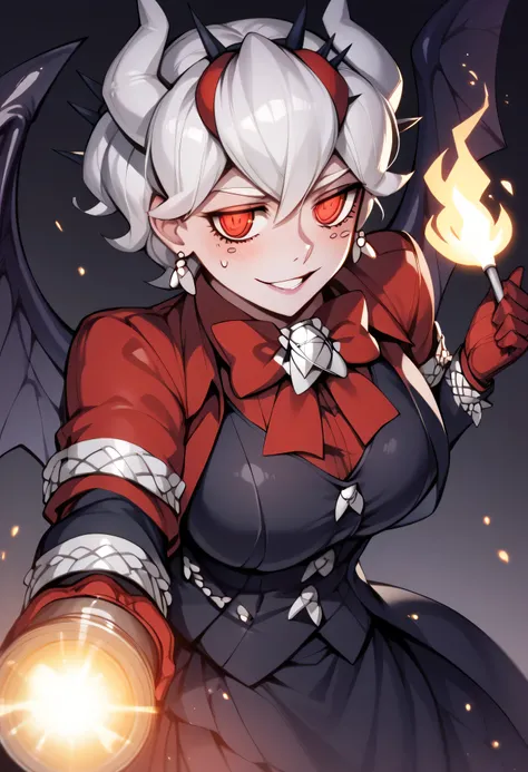 3/4 body medium close-up of Beelzebub from Helltaker, hovering above glowing puzzle tiles in a dark stone corridor, demonic spikes and collapsing floors behind her, lit by torch flames and glowing runes, her spider wings casting eerie shadows, intense and ...