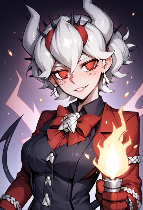 3/4 body medium close-up of Beelzebub from Helltaker, hovering above glowing puzzle tiles in a dark stone corridor, demonic spikes and collapsing floors behind her, lit by torch flames and glowing runes, her spider wings casting eerie shadows, intense and ...