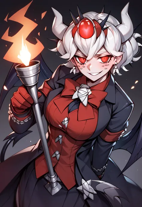 3/4 body medium close-up of Beelzebub from Helltaker, hovering above glowing puzzle tiles in a dark stone corridor, demonic spikes and collapsing floors behind her, lit by torch flames and glowing runes, her spider wings casting eerie shadows, intense and ...