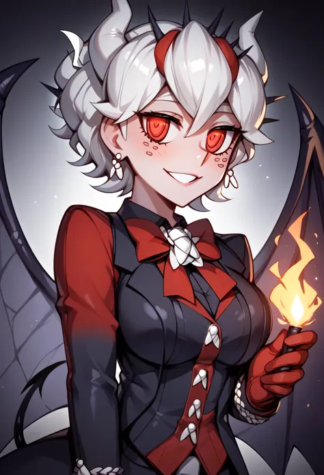 3/4 body medium close-up of Beelzebub from Helltaker, hovering above glowing puzzle tiles in a dark stone corridor, demonic spikes and collapsing floors behind her, lit by torch flames and glowing runes, her spider wings casting eerie shadows, intense and ...