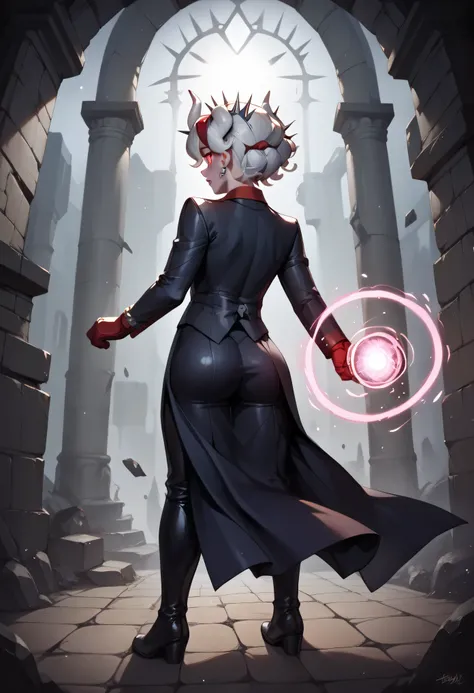 3/4 body medium close-up of Beelzebub from Helltaker, standing confidently in front of the glowing blue demonic portal to Earth, stone glyphs and ruins framing the gate, eerie mist rolling across the floor, her black gothic outfit lit from behind by shimme...