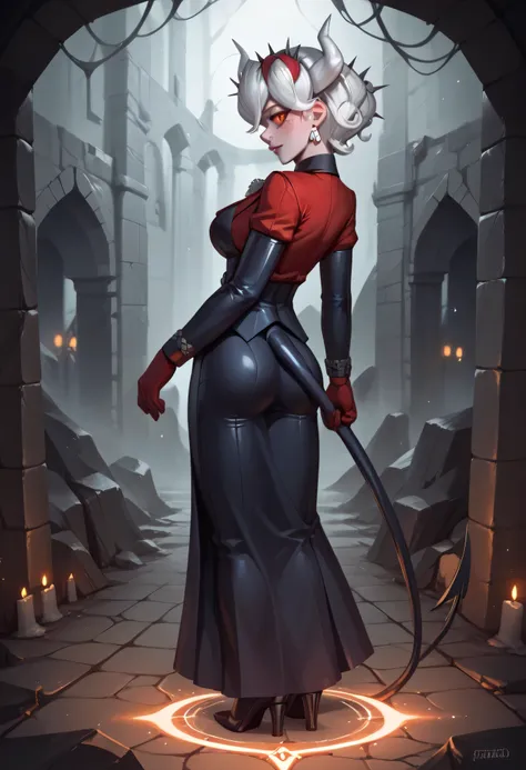 3/4 body medium close-up of Beelzebub from Helltaker, standing confidently in front of the glowing blue demonic portal to Earth, stone glyphs and ruins framing the gate, eerie mist rolling across the floor, her black gothic outfit lit from behind by shimme...