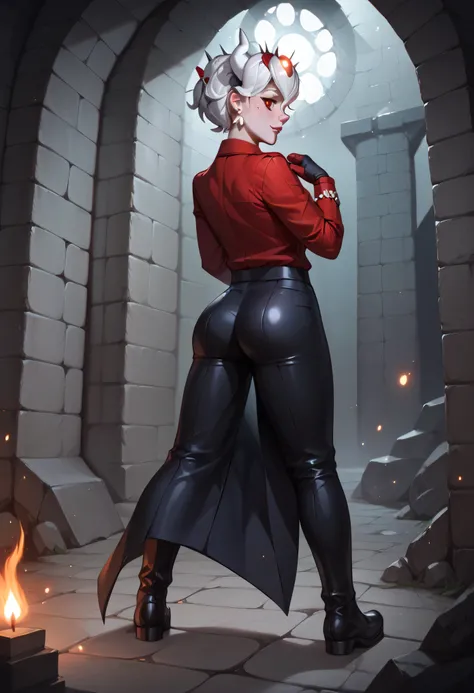 3/4 body medium close-up of Beelzebub from Helltaker, standing confidently in front of the glowing blue demonic portal to Earth, stone glyphs and ruins framing the gate, eerie mist rolling across the floor, her black gothic outfit lit from behind by shimme...