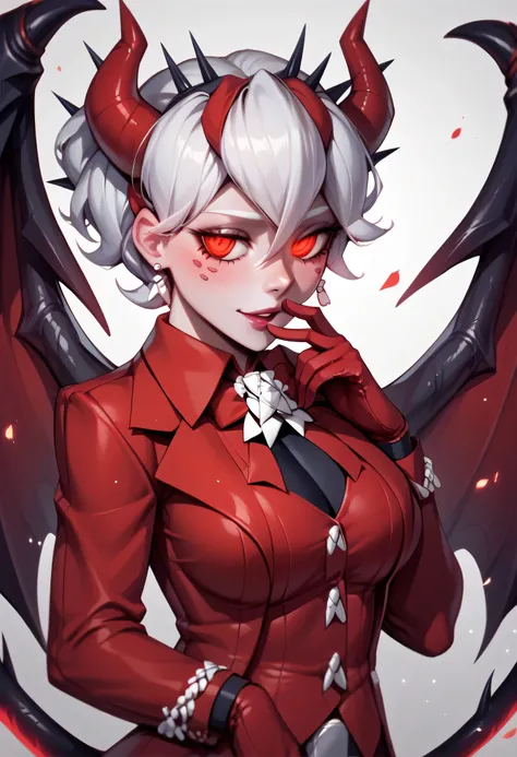 3/4 body medium close-up of Beelzebub from Helltaker inside a dark hell-tech soul furnace chamber, glowing tubes and infernal machinery illuminating her from the sides, her web wings glowing faintly red, reflections on polished obsidian floor, dressed in h...