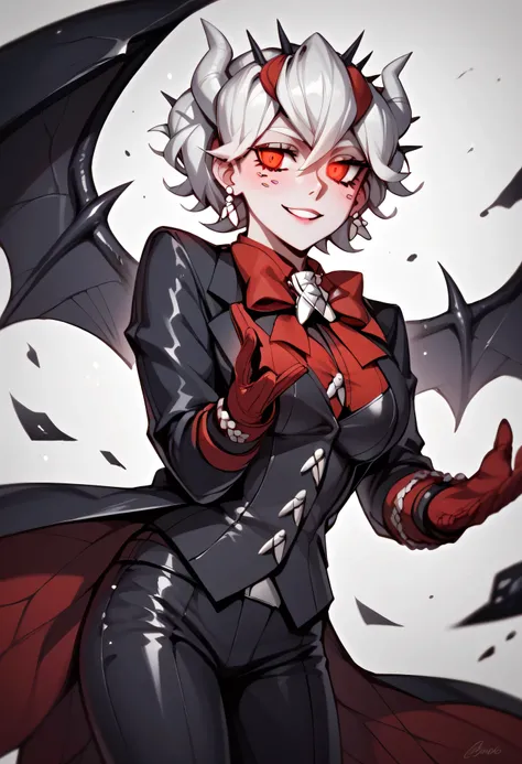 3/4 body medium close-up of Beelzebub from Helltaker inside a dark hell-tech soul furnace chamber, glowing tubes and infernal machinery illuminating her from the sides, her web wings glowing faintly red, reflections on polished obsidian floor, dressed in h...
