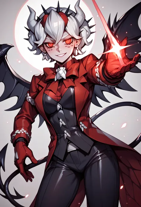 3/4 body medium close-up of Beelzebub from Helltaker inside a dark hell-tech soul furnace chamber, glowing tubes and infernal machinery illuminating her from the sides, her web wings glowing faintly red, reflections on polished obsidian floor, dressed in h...