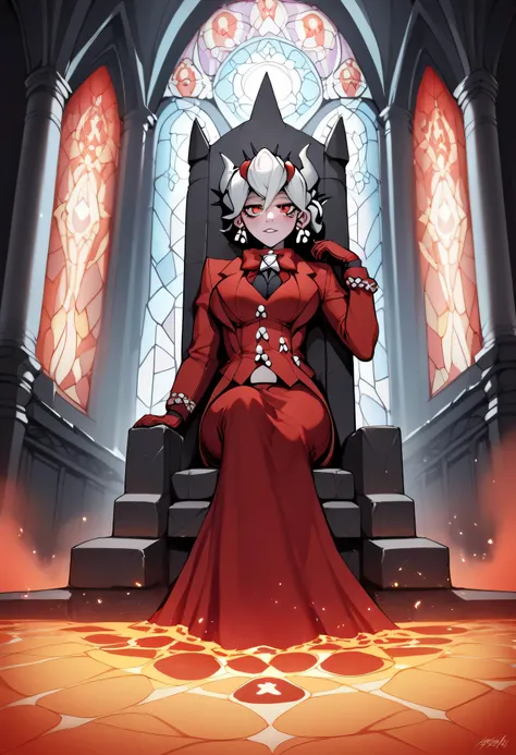 3/4 body medium close-up of Beelzebub from Helltaker in a grand demonic council chamber with tall infernal pillars, broken statues of past demon lords, lava-lit stained glass behind her casting red and purple patterns across her face, throne silhouettes in...