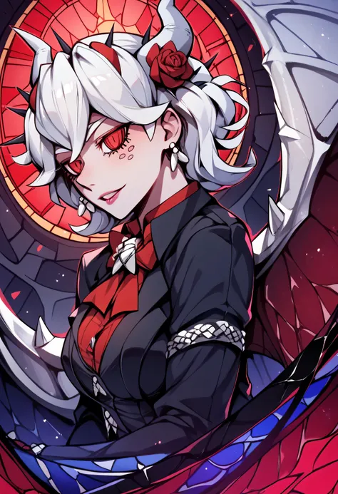 3/4 body medium close-up of Beelzebub from Helltaker in a grand demonic council chamber with tall infernal pillars, broken statues of past demon lords, lava-lit stained glass behind her casting red and purple patterns across her face, throne silhouettes in...
