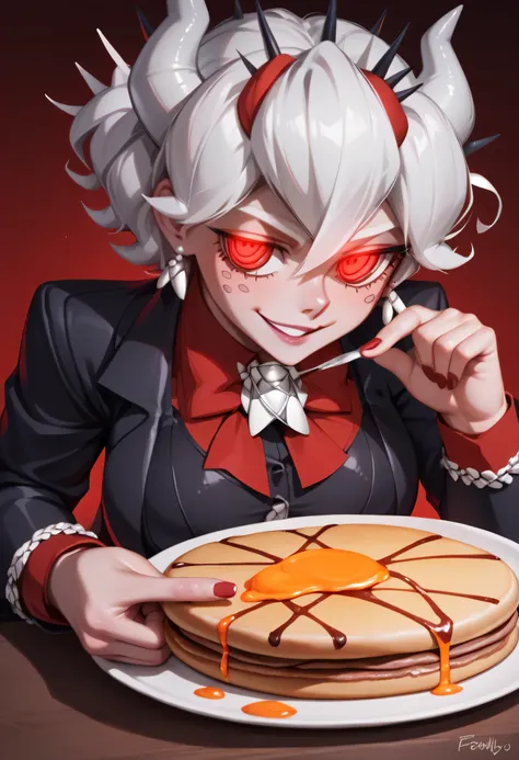 3/4 body medium close-up of Beelzebub from Helltaker, leaning over a hellish red-tiled kitchen table stacked with pancakes, her cleavage subtly shown in her gothic black dress, smirking with red glowing eyes, chin slightly tilted, white hair flowing down, ...