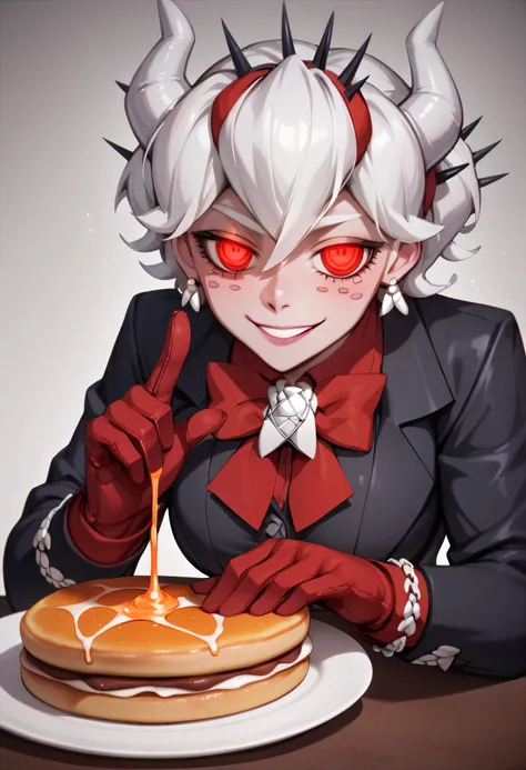 3/4 body medium close-up of Beelzebub from Helltaker, leaning over a hellish red-tiled kitchen table stacked with pancakes, her cleavage subtly shown in her gothic black dress, smirking with red glowing eyes, chin slightly tilted, white hair flowing down, ...