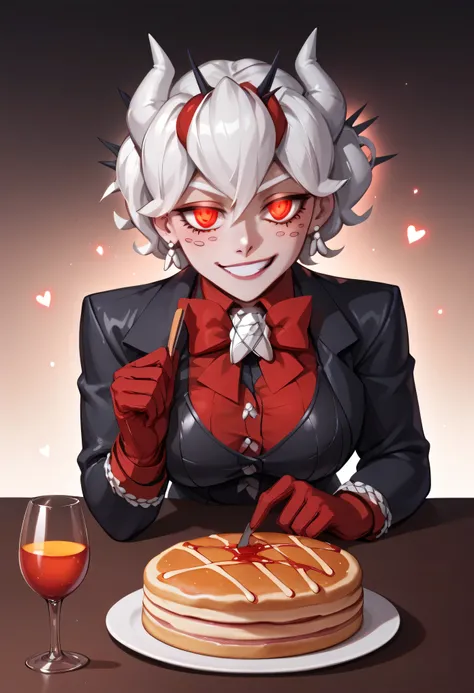 3/4 body medium close-up of Beelzebub from Helltaker, leaning over a hellish red-tiled kitchen table stacked with pancakes, her cleavage subtly shown in her gothic black dress, smirking with red glowing eyes, chin slightly tilted, white hair flowing down, ...