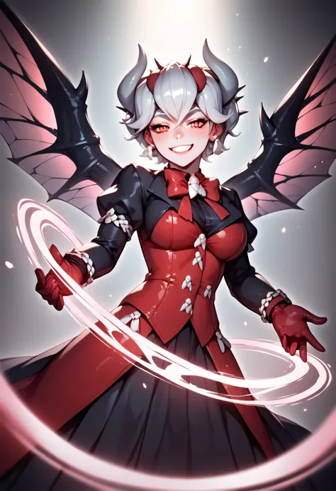 3/4 body medium close-up of Beelzebub standing in front of the glowing portal to Earth, her hand extended toward the viewer with a devilish grin, body slightly turned to accentuate curves in her tight gothic dress, crimson ambient light from the portal cas...