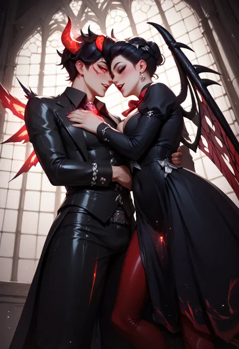 3/4 body medium close-up of Beelzebub in a dark mechanical soul furnace room, standing close with her body tilted sensually, hands behind her back, black gothic dress hugging her curves, lit dramatically from below with glowing red light, her expression te...