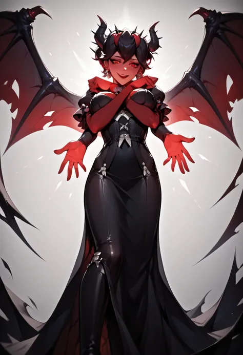 3/4 body medium close-up of Beelzebub in a dark mechanical soul furnace room, standing close with her body tilted sensually, hands behind her back, black gothic dress hugging her curves, lit dramatically from below with glowing red light, her expression te...