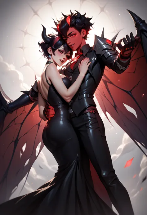 3/4 body medium close-up of Beelzebub in a dark mechanical soul furnace room, standing close with her body tilted sensually, hands behind her back, black gothic dress hugging her curves, lit dramatically from below with glowing red light, her expression te...