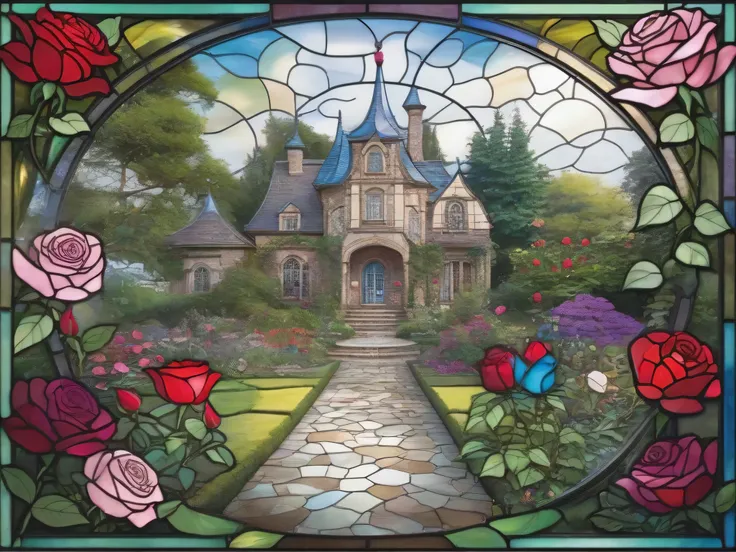 garden、Rose、Wonderland、 tea party、jigsaw puzzle design、stained glass style、glass style 