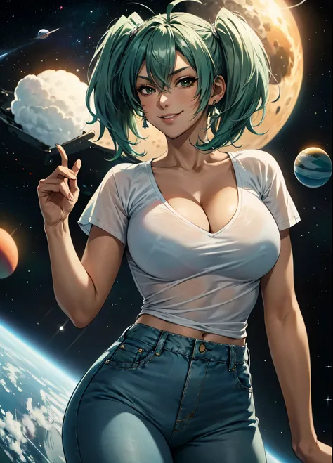 best quality,masterpiece,looking at viewer,absurdres,1girl,score_9,score_8_up,score_7_up,source_anime BREAK ryofu housen, ahoge, magatama earrings, green hair, white t-shirt, blue jeans, single earring, cleavage, close,  space, planets, giga giantess, evil...