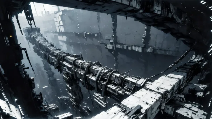 blame, tsutomu nihei, by tsutomu nihei,movie, cibo, GBE,ova, Dozens of quadrupedal biomechanical exterminator units with sleek white armored bodies, black mechanical joints, and skeletal claws are crawling, climbing, and leaping across the towering archite...