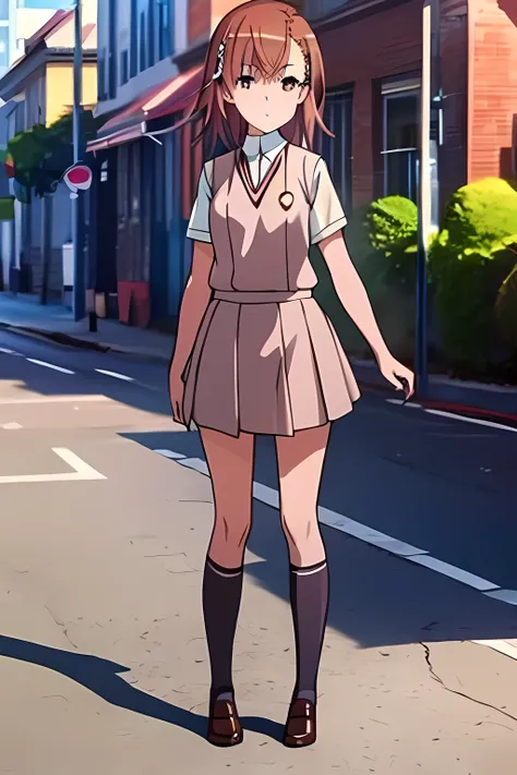 ((masterpiece))), ((best quality)), (ultra-detailed), ((an extremely delicate and beautiful)),(unity 8k wallpaper),Misaka Mikoto,school uniform,street,full body