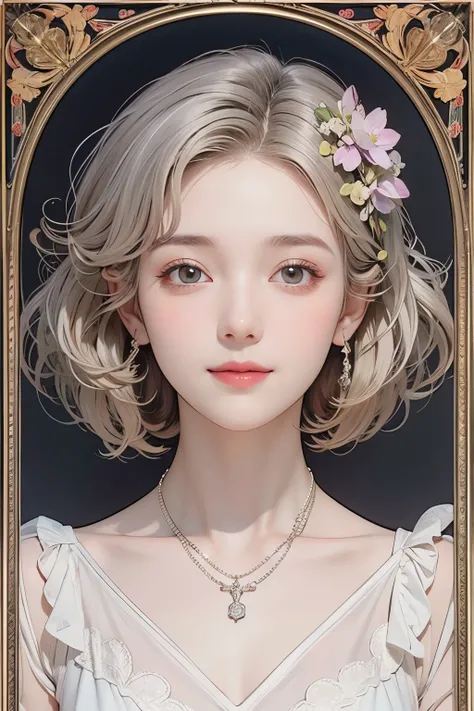 (Young and beautiful woman), (Calm and gentle girlish smile), (Nearly straight medium blonde silver-gray hair), (Close-up), Striking portrait, (Plain shirt in a simple color), Bright primary colors used partially as accents, (Slim figure), Small necklace, ...