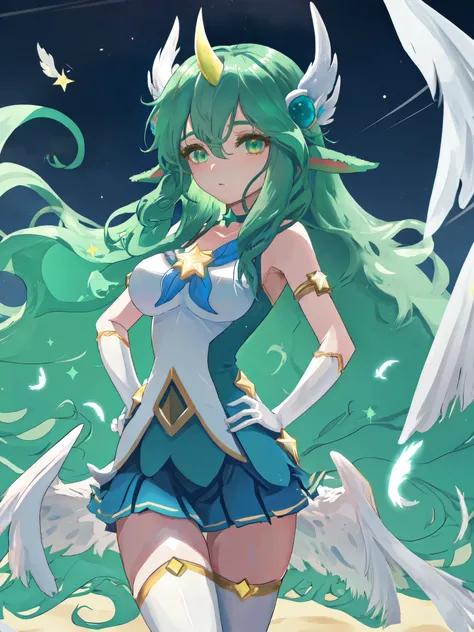 beach, soraka \(league of legends\), star guardian \(league of legends\), hands on hip, star guardian soraka, league of legends, highres, 1girl, alternate costume, alternate eye color, alternate hair color, alternate hairstyle, asymmetrical gloves, breasts...