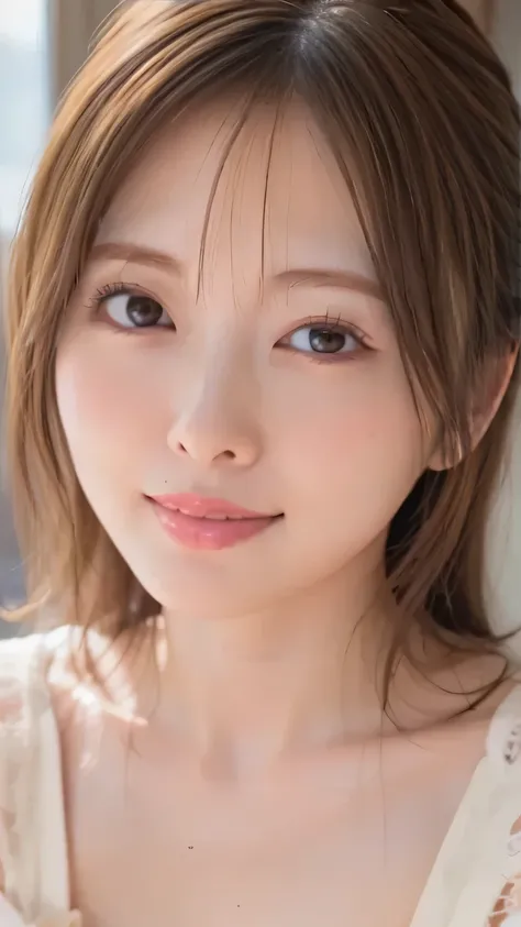 High Res Photos Of Young Japanese Female Idols, Intricate Details, Highly detailed, sharp concentration, solo, 1 girl, face focus, face close-up,  Looking at the camera , Detailed face, Detaileyes, Seductive Eyes,  natural makeup ,smile、front view、