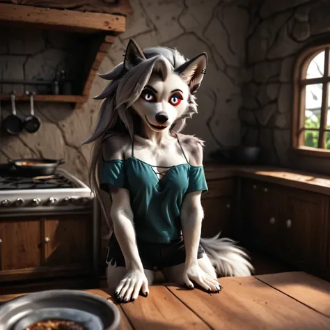 Loona, furry, fluffy tail, solo, dark green top, dark grey shorts, forest house, kitchen, stone oven, cooking, cinematic light, ultrahigh details, 8k,