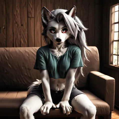 Loona, furry, fluffy tail, solo, dark green top, dark grey shorts, forest house, room, wooden walls, sofa, table, candles on the table, window, semi-darkness, candlelight, sitting on sofa, night, 8k,