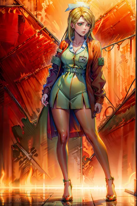 LisaGarlandSH, (extremely detailed CG unity 4k wallpaper),(best illustration),(best shadow),(absurdres), Nurse, Red Cardigan, Blonde long hair, Green eyes, red high heels, Silent Hill town,
