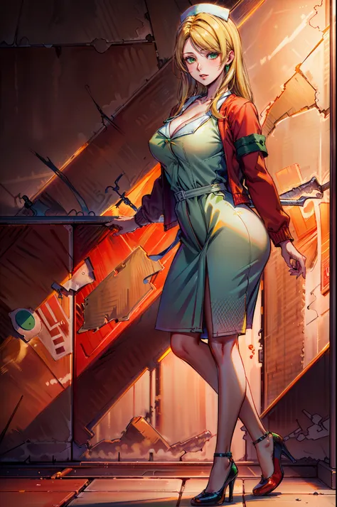 LisaGarlandSH, (extremely detailed CG unity 4k wallpaper),(best illustration),(best shadow),(absurdres), Nurse, White Nurse dress, Red Cardigan, Blonde long hair, Green eyes, red high heels, Foggy dark town,